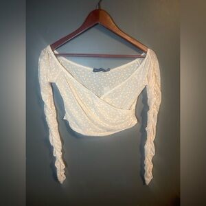 PrettyLittleThing Cream Polka Dot Wrap Mesh Crop Top Y2K Coquette Festival NWT